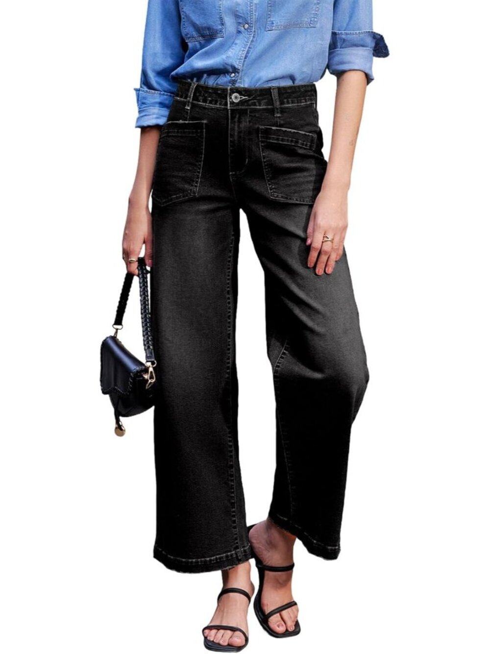 Women's Black Wide Leg Jeans High Waisted Stretchy Stylish Ankle Denim Pant